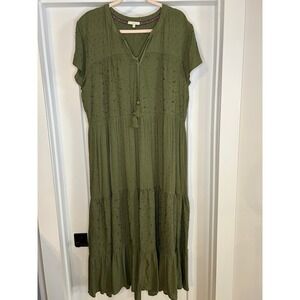 Kate & Sam Olive Green Eyelet Swiss Dot Tiered Maxi Dress XXL Boho Tassel Tie